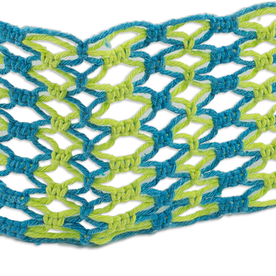 Stirnband aus Baumwoll-Makramee - Handgefertigtes Makramee-Stirnband aus Baumwolle mit gelben und blauen Streifen
