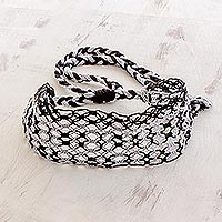 Cotton macramé headband, 'Moonlit Ripples' - Handcrafted Black and Grey Stripe Cotton Macramé Headband
