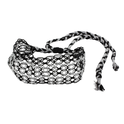 Cotton macramé headband, 'Moonlit Ripples' - Handcrafted Black and Grey Stripe Cotton Macramé Headband