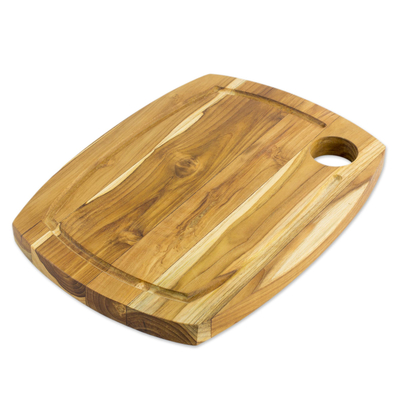 Teak wood cutting board, 'Gorgeous Grain' - Handcrafted Teak Wood Grooved Rim Cutting Board