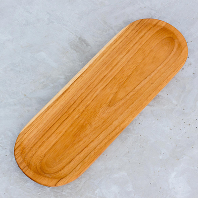Teak wood serving tray, 'Family Time' - Handcrafted Natural Grain Teak Wood Long Serving Tray