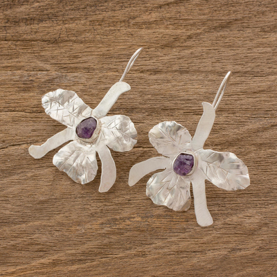 Amethyst drop earrings, 'Cattleya Orchid' - Handcrafted Sterling Silver Amethyst Orchid Drop Earrings