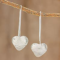 Sterling silver drop earrings, 'Valentine Flora' - Handcrafted Heart Shape Sterling Silver Drop Earrings
