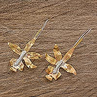 Bronze drop earrings, 'Untamed Orchid' - Handcrafted Hammered Bronze Wild Orchid Drop Earrings