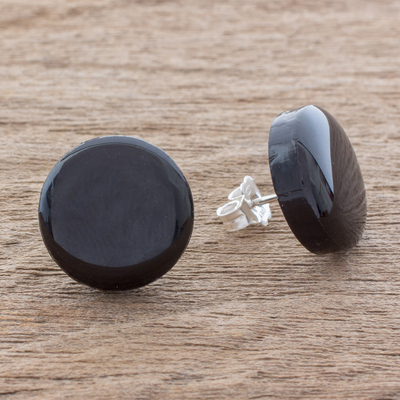 Knopfohrringe aus Kunstglas - Schwarze Kunstglas-Ohrringe mit Kreisknöpfen aus Costa Rica