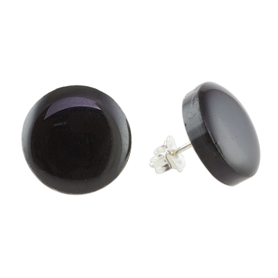 Art glass button earrings, 'Evening Pools' - Black Art Glass Circle Button Earrings from Costa Rica