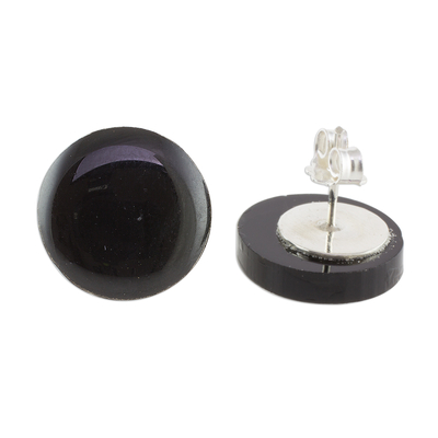 Art glass button earrings, 'Evening Pools' - Black Art Glass Circle Button Earrings from Costa Rica