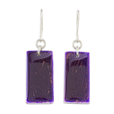 Art glass dangle earrings, 'Royal Turmoil' - Purple Rectangular Art Glass Dangle Earrings