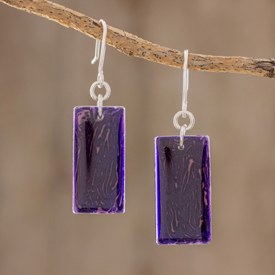 Art glass dangle earrings, 'Royal Turmoil' - Purple Rectangular Art Glass Dangle Earrings