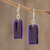 Art glass dangle earrings, 'Royal Turmoil' - Purple Rectangular Art Glass Dangle Earrings (image 2b) thumbail