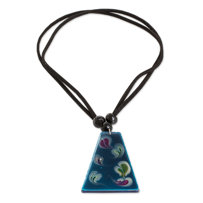 Art glass pendant necklace, 'Deep Sea Currents' - Blue Trapezoid Art Glass Pendant Necklace from Costa Rica