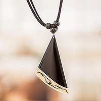 Art glass pendant necklace, 'Dance Fan' - Black Asymmetrical Triangle Art Glass Pendant Necklace