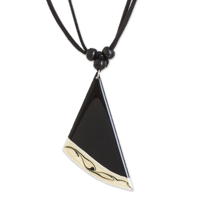 Art glass pendant necklace, 'Dance Fan' - Black Asymmetrical Triangle Art Glass Pendant Necklace