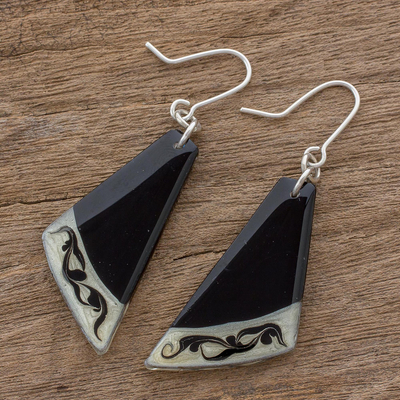 Art glass dangle earrings, 'Dance Fan' - Black Asymmetrical Triangle Art Glass Dangle Earrings