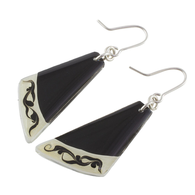 Art glass dangle earrings, 'Dance Fan' - Black Asymmetrical Triangle Art Glass Dangle Earrings