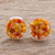 Natural flower button earrings, 'Eternal Bouquet in Orange' - Orange and Yellow Flower in Clear Resin Button Earrings