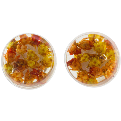 Orange and Yellow Flower in Clear Resin Button Earrings