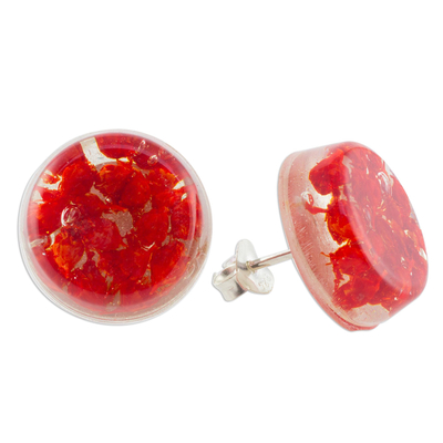 Natural flower button earrings, 'Eternal Bouquet in Red' - Red Flower in Clear Resin Button Earrings from Costa Rica