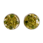 Natural flower button earrings, 'Eternal Bouquet in Green' - Green Flower in Clear Resin Button Earrings from Costa Rica