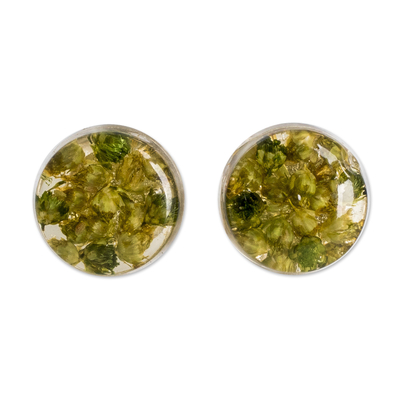 Green Flower in Clear Resin Button Earrings from Costa Rica