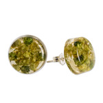Natural flower button earrings, 'Eternal Bouquet in Green' - Green Flower in Clear Resin Button Earrings from Costa Rica