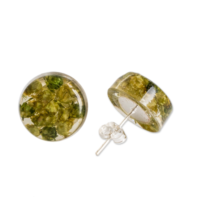 Natural flower button earrings, 'Eternal Bouquet in Green' - Green Flower in Clear Resin Button Earrings from Costa Rica