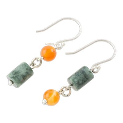 Jade and carnelian dangle earrings, 'Sunny Viridian' - Jade and Carnelian Dangle Earrings from Guatemala