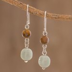 Jade and tiger's eye dangle earrings, 'Guatemalan Lands' - Jade and Tiger's Eye Dangle Earrings from Guatemala