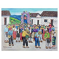 'Procession of Guilds' - Signed Folk Art Painting of a Guatemalan Procession