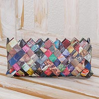 Recycled magazine clutch, 'Fashion Fiesta' (4 inch) - Handcrafted Multicolor Recycled Magazine Paper 4 Inch Clutch