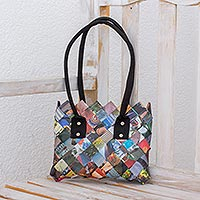 Recycled magazine shoulder bag, 'Modern Collage' - Handcrafted Multicolor Recycled Magazine Paper Shoulder Bag