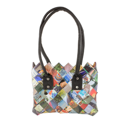 Recycled magazine shoulder bag, 'Modern Collage' - Handcrafted Multicolor Recycled Magazine Paper Shoulder Bag