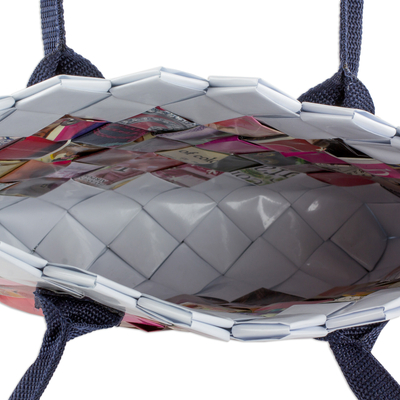 Recycled magazine shoulder bag, 'Modern Bouquet' - Handcrafted Pink Recycled Magazine Paper Shoulder Bag