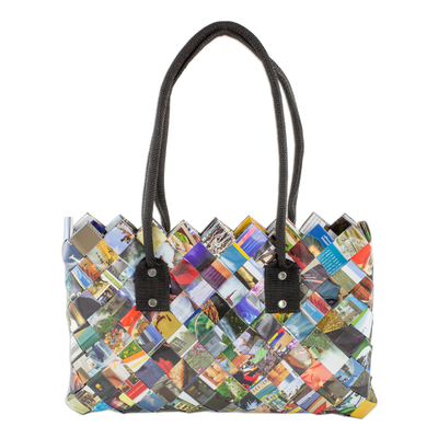 Recycled magazine shoulder bag, 'Paparazzi' - Handcrafted Colorful Recycled Magazine Paper Shoulder Bag