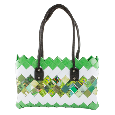 Recycled magazine shoulder bag, 'New Fields' - Handcrafted Green Recycled Magazine Paper Shoulder Bag