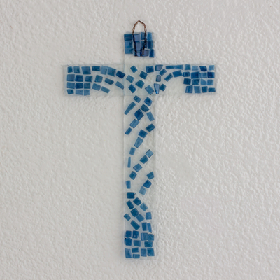 Recycled glass cross, 'Faith Flows' - Clear and Blue Recycled Bottle Glass Art Cross for Wall
