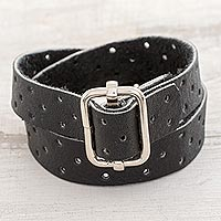 Leather wristband wrap bracelet, 'Bold Illusion in Black' - Black Leather Wristband Bracelet from Costa Rica