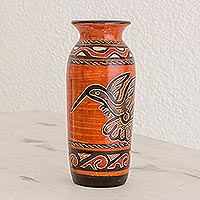 Ceramic decorative vase, 'Flying Free' - Earth-Toned Hummingbird Chorotega Pottery Decorative Vase