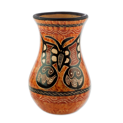 Orange and Brown Butterfly Chorotega Pottery Decorative Vase