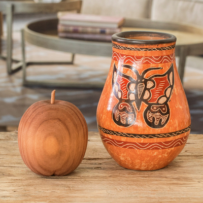 Ceramic decorative vase, 'Beauty in the Breeze' - Orange and Brown Butterfly Chorotega Pottery Decorative Vase