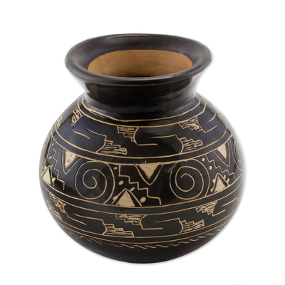 Jarrón decorativo de cerámica - Florero redondo decorativo hecho a mano de cerámica chorotega marrón oscuro