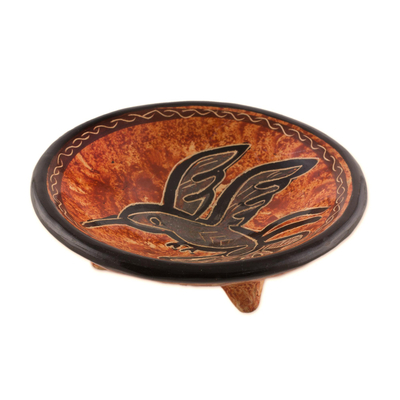 Ceramic decorative bowl, 'Aloft' - Earth-Toned Hummingbird Chorotega Pottery Decorative Bowl