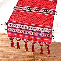 Handwoven Red Cotton Table Runner from Guatemala,'Highland Paths'