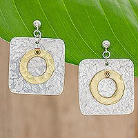 Brass and aluminum dangle earrings, 'Combination of Forms' - Square Brass and Aluminum Dangle Earrings from Guatemala
