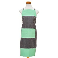 Cotton apron, 'Modern Chef in Grey' - Handwoven Dark Grey and Mint Green Cotton Apron with Pocket