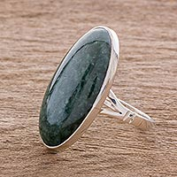 Oval Jade and Sterling Silver Cocktail Ring from Guatemala,'Dark Green Tonalities'
