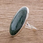 Jade cocktail ring, 'Dark Green Tonalities' - Oval Jade and Sterling Silver Cocktail Ring from Guatemala