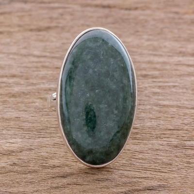 Jade cocktail ring, 'Dark Green Tonalities' - Oval Jade and Sterling Silver Cocktail Ring from Guatemala