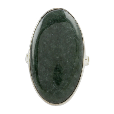 Jade cocktail ring, 'Dark Green Tonalities' - Oval Jade and Sterling Silver Cocktail Ring from Guatemala