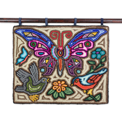 Recycled cotton blend tapestry, 'Birds and Butterflies' - Butterfly-Themed Cotton Blend Tapestry from Guatemala